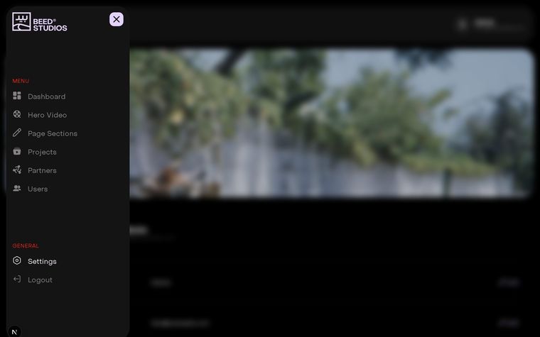 Admin navigation — dashboard, hero video, sections, projects, partners, users