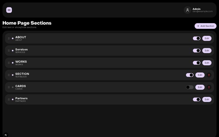 Home page sections in English