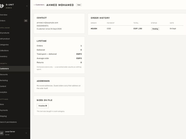 Customer profile — lifetime value, addresses, sizes