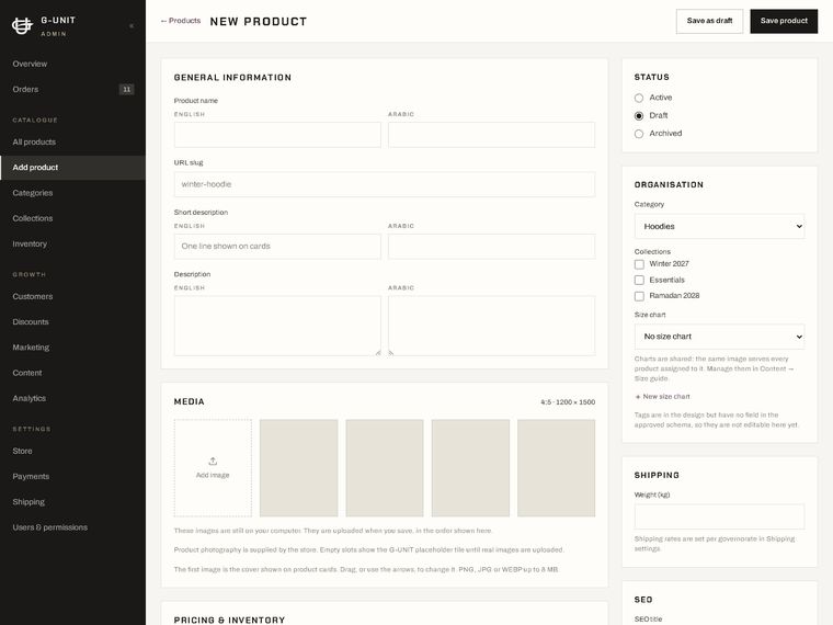 New product — media, pricing and variant matrix