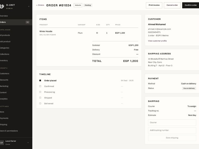 Order details — items, timeline, payment, shipping