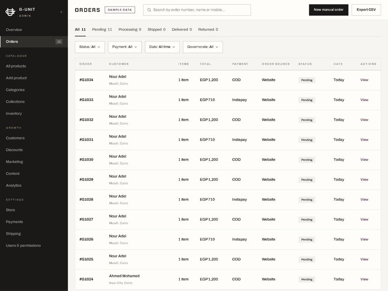 Orders — status tabs, filters and bulk actions