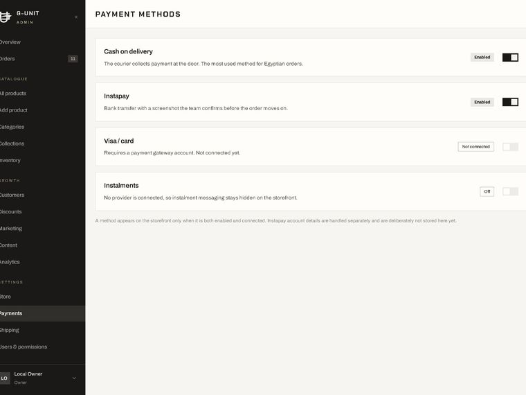 Payment methods — COD, Instapay, card, installments