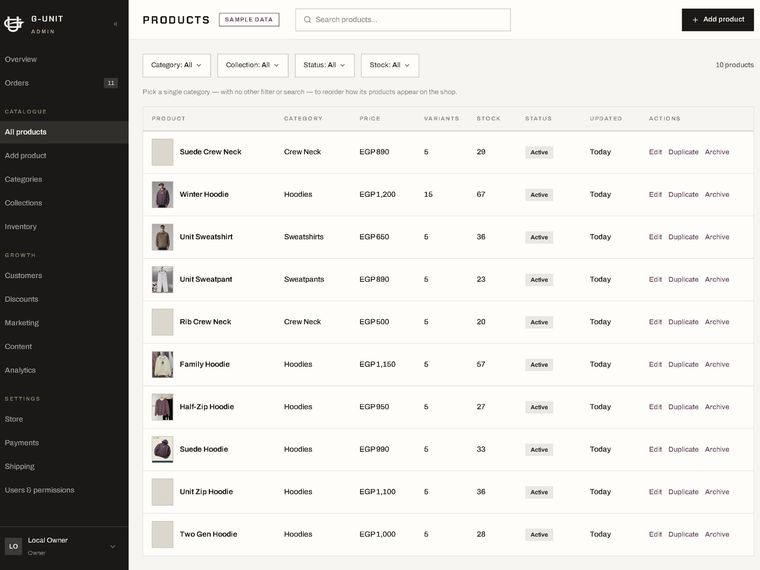 Products — catalogue with stock and status