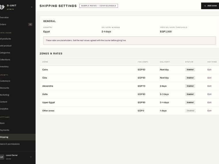 Shipping settings — governorate zones and rates