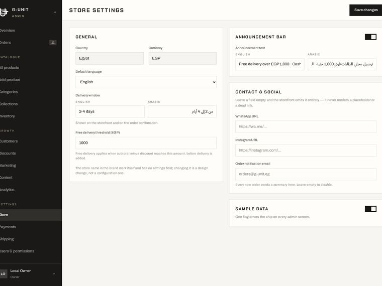 Store settings — currency, delivery and bilingual copy