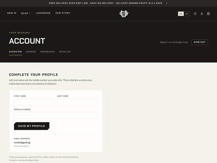 Customer account — profile, orders and addresses