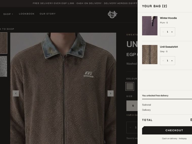 Bag — line items, totals and free-delivery threshold