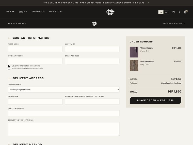 Checkout — contact, address, delivery and payment
