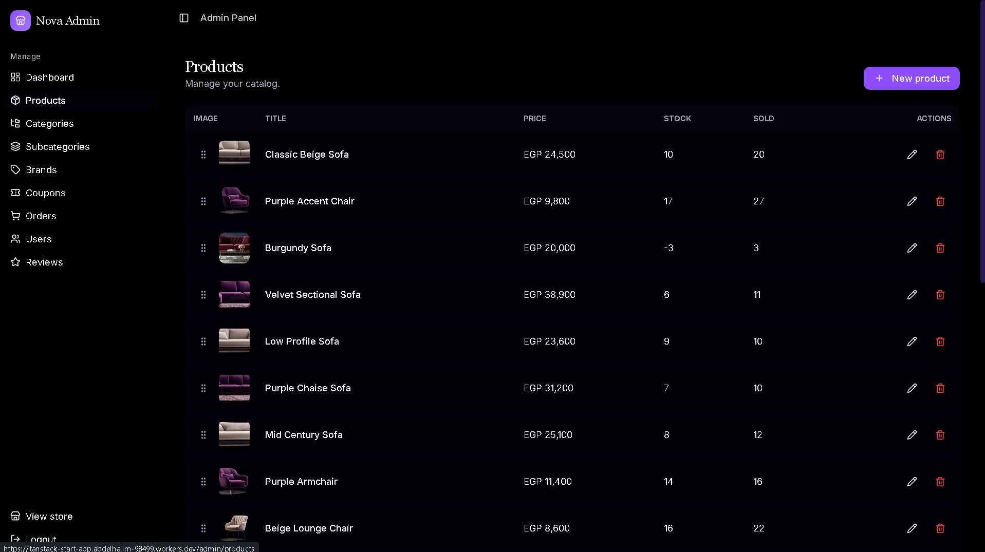 Nova Luxury — admin products management